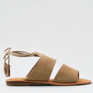 American Eagle Tan Flat Suede Ankle Tie Sandals